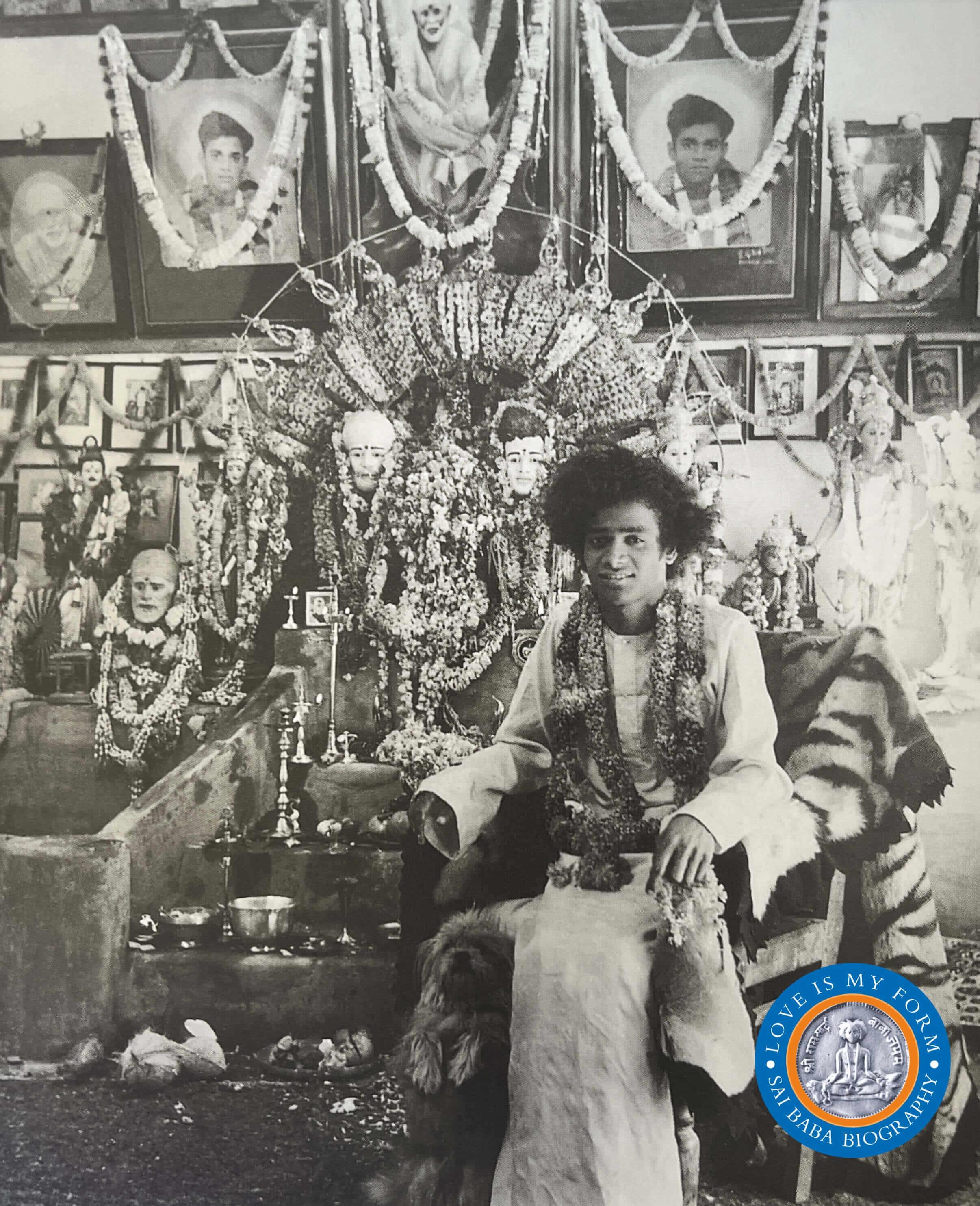 Baba in the shrine at Puttaparthi Mandir. Photo from Love Is My Form: The Advent Book by R. Padmanaban